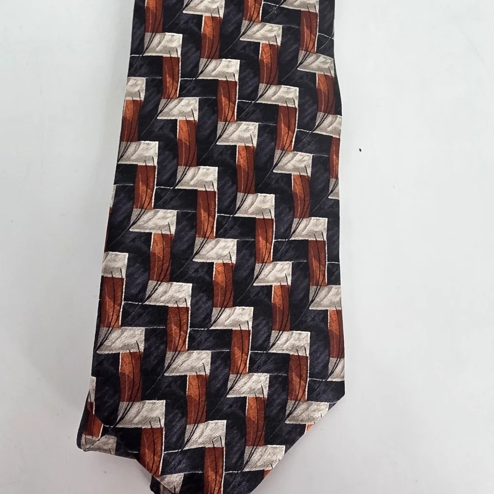 VINTAGE Pierre Cardin 100% Silk Tie Abstract Geometric Blue Burnt Orange